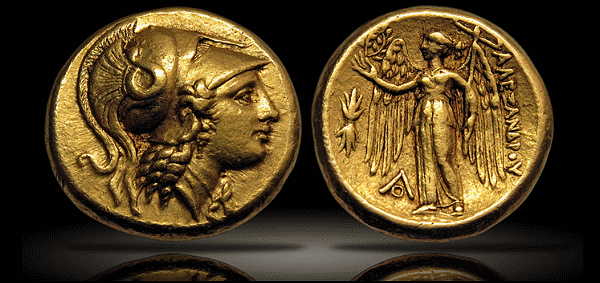 Ancient Coins – A Soldier’s Share of Alexander the Great’s Plunder Ancient Coins by Russ Augustin - Distater, 336-323 BCE. Lifetime issue struck in Macedonia (Aigai). Head of Athena r. wearing Corinthian helmet decorated with coiled serpent, hair in tight ringlets. Rv. Nike standing l. holding stylis, thunderbolt to l., monogram to lower l. 17.23 grams. Price 191. Perfectly centered and well struck in high relief. Extremely Fine.