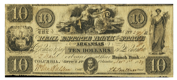 $10, The Real Estate Bank of the State of Arkansas, Columbia, AR, 1839 featuring Christopher Columbus. Eric P. Newman Numismatic Portal