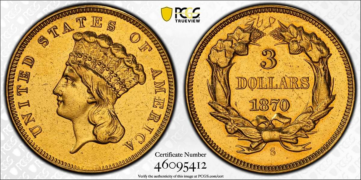 PCGS- Trueview image of Unique 1870-S Three Dollar Gold