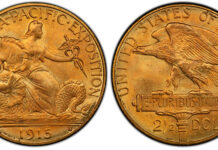 The 1915-S Panama-Pacific Exposition $2.50 coin commemorates the 1915 World’s Fair in San Francisco, where this coin was minted.