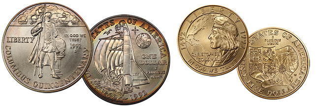 1992 Christopher Columbus dollar and $5 coins. Image: PCGS.