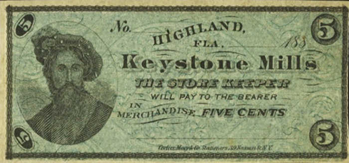 5 Cents, Keystone Mills, Highland, Florida, 1880s (?) Imaged by Heritage Auctions