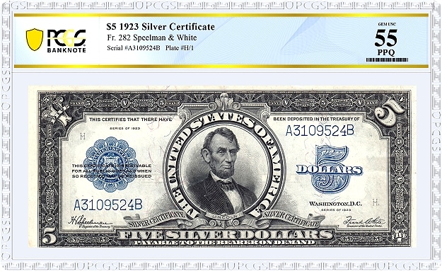 Image courtesy PCGS Banknote - Lincoln "Porthole" $5 1923 Silver Certificate</strong>, Gem UNC 55PPQ.