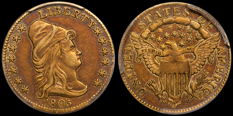 A toned 1805 $2.50 PCGS AU50, from the Douglas Winter Numismatics Archives
