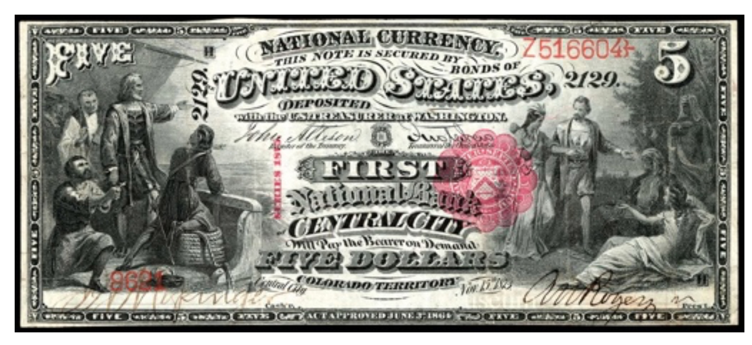 $5, National Bank note, Original Series and Series 1875, front American Numismatic Association (ANA) Money Museum