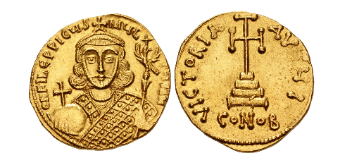 Philippicus (Bardanes). 711-713. AV Solidus (19mm, 4.55 g, 6h). Constantinople mint, 10thofficina. Crowned facing bust, wearing loros, holding globus cruciger and eagle-tipped scepter / Cross potent set on three steps; I//CONOB. DOC 1j var. (obv. legend); MIB 1 var. (same); SB 1447. An interesting variety with Philippicus' name spelled with two P's instead of the more commonly found Latin spelling of just one.