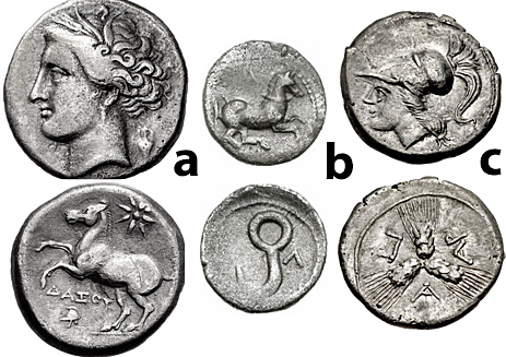 Figure 2: Arpi, Apulia: a) Stater, 270-250, 6.91 g., Head of Demeter with wreath of ears of grain and ear pendant to left, / [ARPANWN] Free horse leaping to left, above a star, below a helmet, SNG ANS 631; b) Circa 325-275 BC. AR Obol, 0.54 g. Horse prancing right; A above horse / Fishhook; L to right. SNG France 1224; c) Circa 215-212 BC. AR triobol, 1.90 g. Helmeted headof Athena left / Three grain ears conjoined at the stem, HN ltaly 646; c)