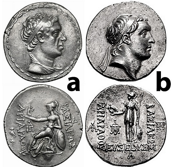 3: a) Ariarathes IV, 220-163 BCE, Tetradrachm,15.79 g. Draped and diademed bust r.,fillet border, Rv. BASILEWS - ARIARAQOU, Athena Nikephoros seated l; b) Ariarathes V Eusebes Philopator. Circa 163-130 BCE. AR Tetradrachm, 16.59 g. Mint A (Eusebeia-Mazaca). Dated RY 30 (133/2 BCE). Diademed head right / Athena Nikephoros standing left; monograms to outer left, inner left, and outer right, L (date) in exergue, HGC 7, 810.