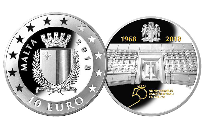 50th Anniversary of the Central Bank of Malta 10 Euro Silver Coin - World Coin News