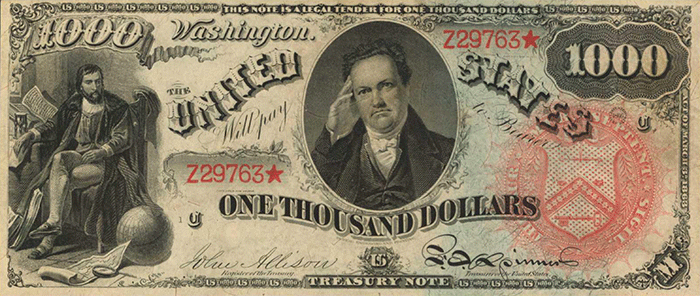 1863 $1,000 Legal Tender Note. Image: Stack's Bowers.