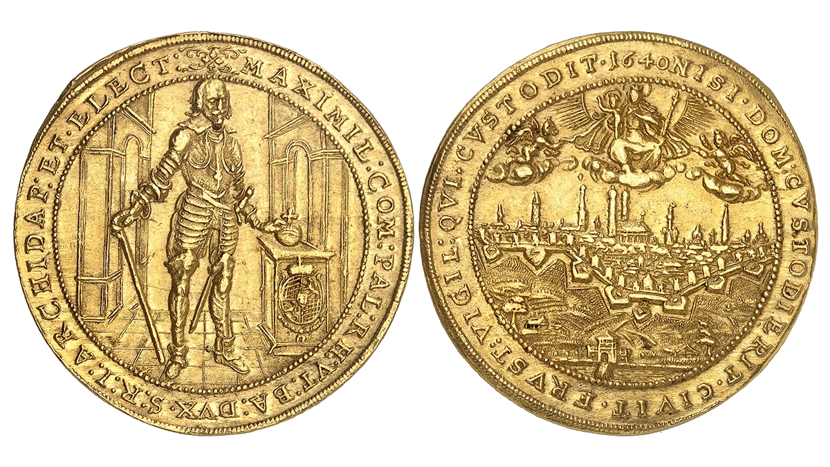 No. 896 – Bavaria. Maximilian I, 1598-1651. 5 ducats, 1640, commemorating the refortification of the city of Munich. Very rare. Extremely fine. Estimate: 12,500 euros.