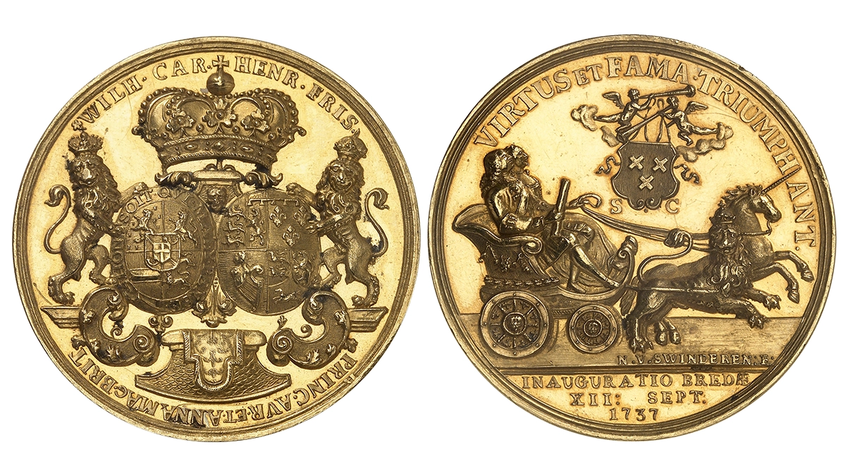 No. 1001 – Brunswick-Hanover. George II, 1727-1760. Gold medal of 15 ducats, 1737, by N. van Swinderen. Very rare. Extremely fine. Estimate: 12,500 euros.