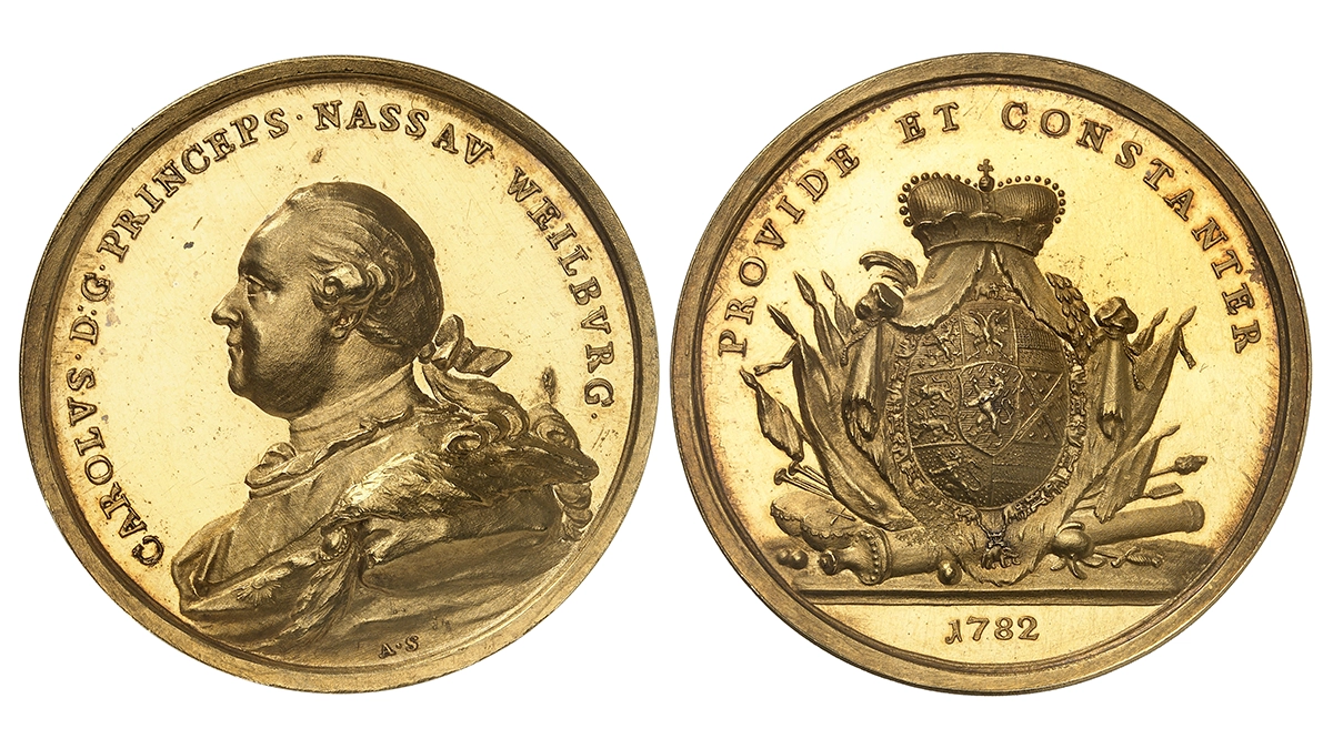 No. 1151 – Nassau-Weilburg. Charles Christian, 1753-1788. Gold medal of 25 ducats, 1782, by A. Schäffer. Extremely rare. Extremely fine. Estimate: 25,000 euros.))Another even rarer and heavier medal was created under Charles Christian of Nassau-Weilburg, who married the daughter of the aforementioned William IV of Orange-Nassau in 1760. The extremely rare piece has a weight of 25 ducats, an impressive 87 g.