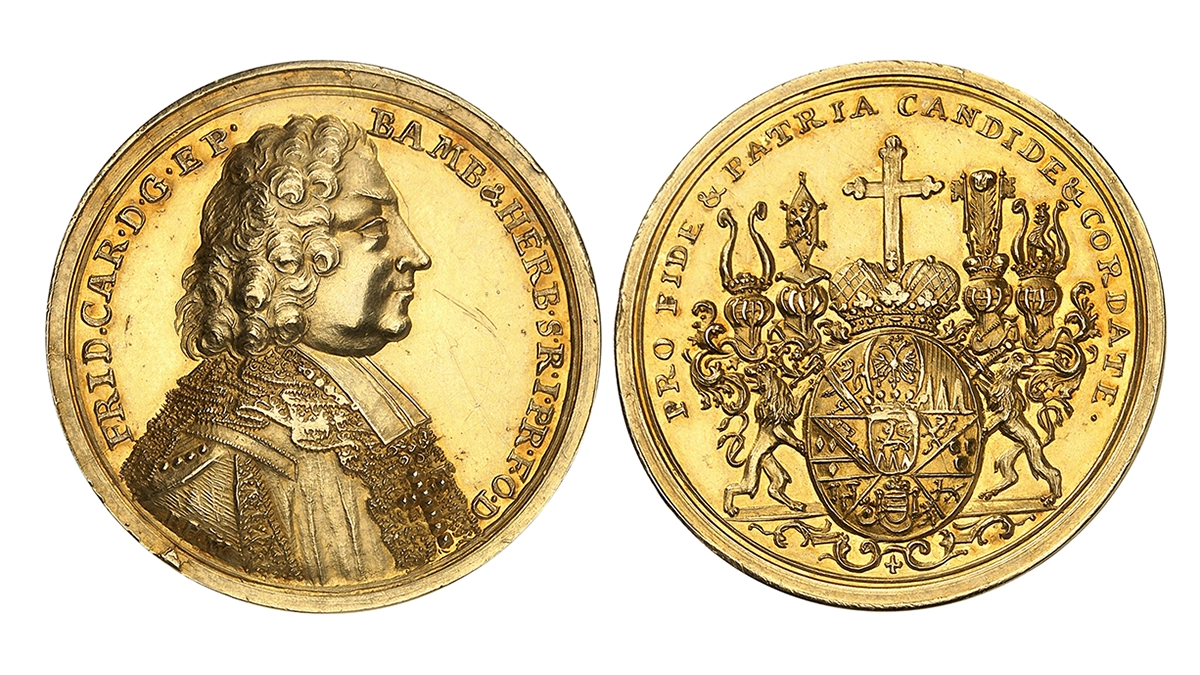 No. 1619 – Würzburg. Friedrich Karl von Schönborn, 1729–1746. Gold medal of 7.5 ducats n.d., by P. P. Werner. Extremely fine. Estimate: 7,500 euros.