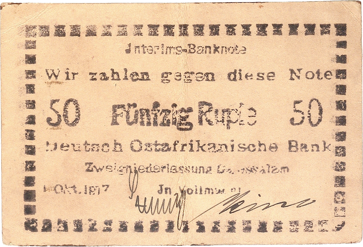 No. 2441 – German East Africa. 50 rupees, 1 October 1917 (“bush note”). Very rare. One fold, very fine. Estimate: 2,000 euros.