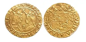 Coins of Medieval Spain - Castile & León. Fernando V & Isabel I (Los Reyes Católicos - the Catholic royals). 1474-1504. AV Dobla excelente (27mm) Sevilla (Seville) mint. Struck after 1497. Crowned confronted busts of Fernando and Isabel; X above, S below / Crowned coat-of-arms; behind, eagle facing, head left, Cf. MEC 6, 772 (for type); Classical Numismatic Group > Electronic Auction 587 - 21 May 2025