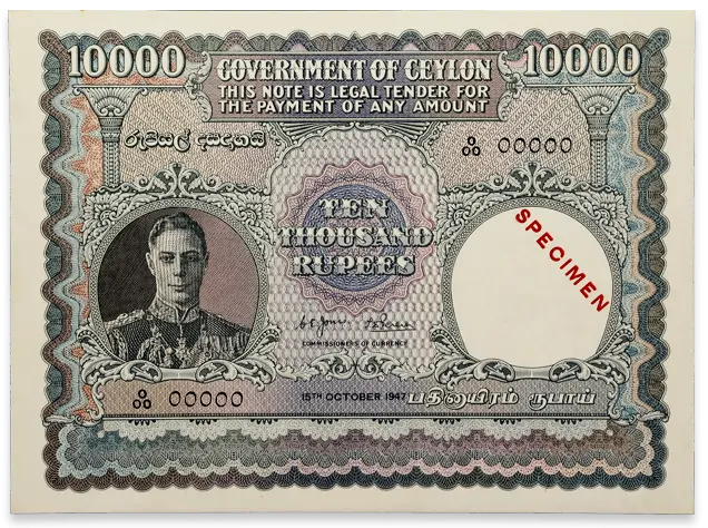Ceylon 1947 10,000 Rupees Specimen Note