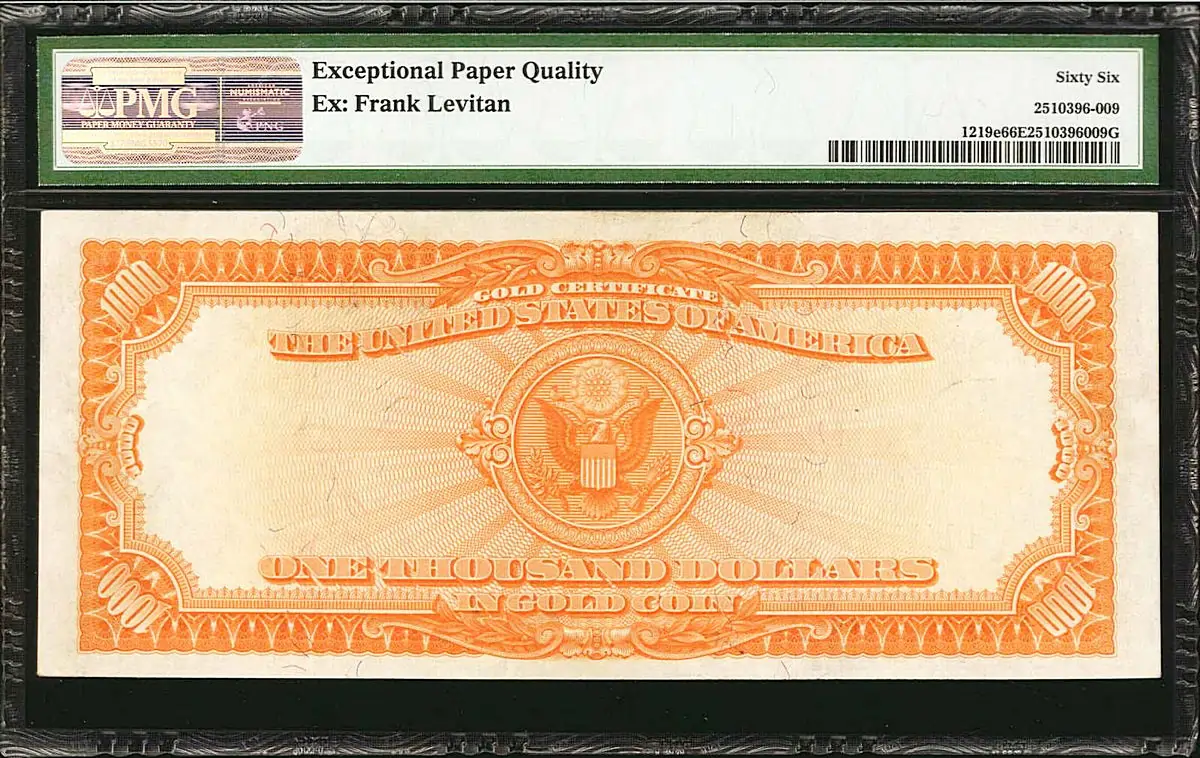 Reverse of 1907 $1,000 Gold Certificate, Friedberg 1219e Pogue Collection -Finest Known