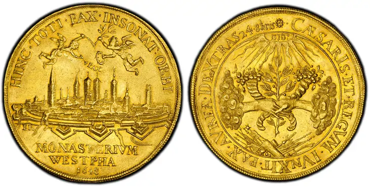 GERMAN STATES. Münster. 1648 AV Medallic 10 Ducats (Struck from Thaler Dies). PCGS AU55.