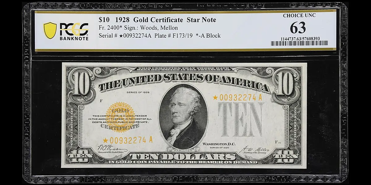 1928 $10 Gold Certificate Star Note. PCGS Banknote Choice Uncirculated 63.