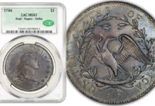 The finest known 1794 Flowing Hair Dollar. Image: CACG.