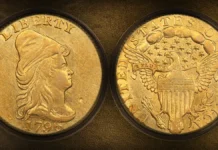 Historic U.S. Gold Rarity: The 1796 ‘No Stars’ Quarter Eagle PCGS AU55 Set to Sell at GreatCollections This is an image of a 1796 Quarter Eagle with no Stars.