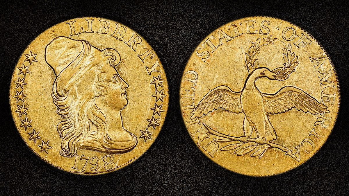 The William Cutler Atwater example of the 1798 Small Eagle $5 gold piece, last seen publicly in 1946. Graded PCGS AU-53 (CAC)(CMQ), it is the sole CAC and CMQ certified example of only 5 known in private collections. Image: Stack's Bowers / CoinWeek.