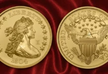 United States Mint Reissues ‘King of American Coins’ in Pure Gold as Semiquincentennial Celebration Nears This is an image of the 1804 Draped Bust Dollar 2026 Gold "Best of the Mint Series" coin.
