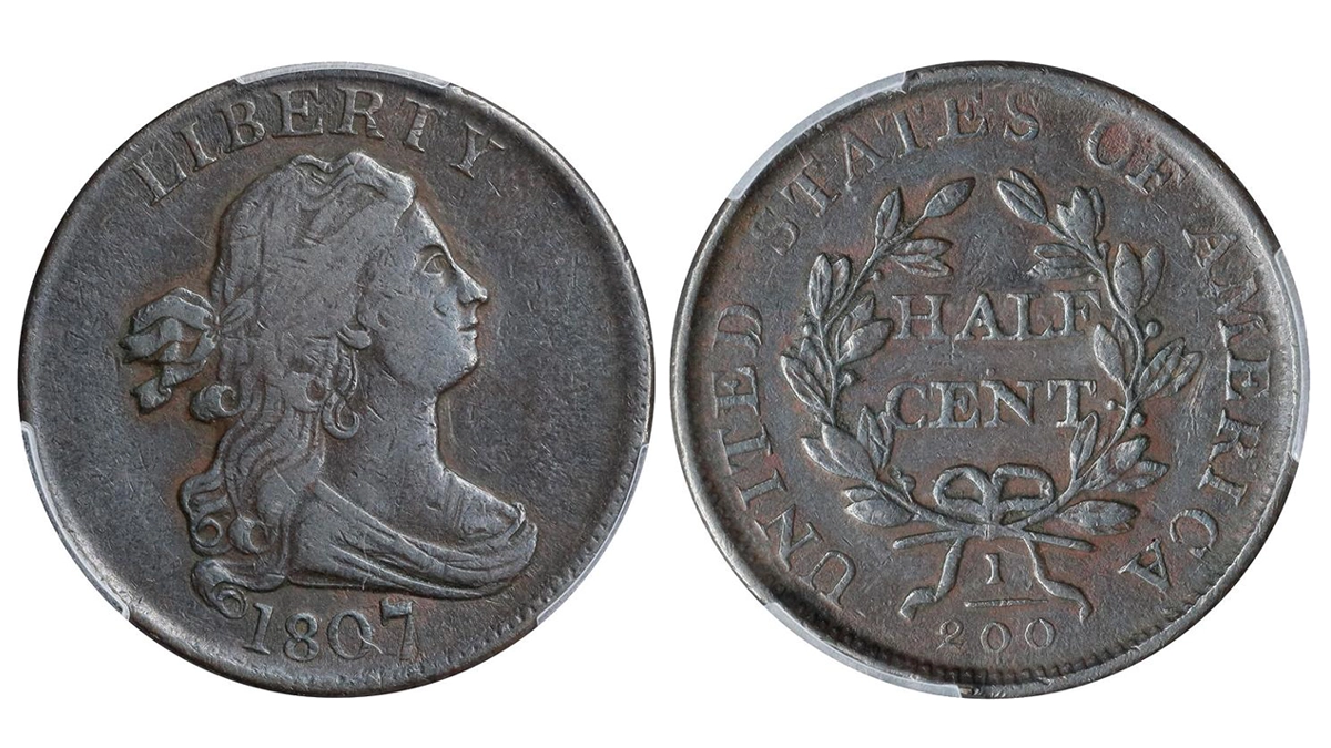 1807 Draped Bust Half Cent graded PCGS Very Fine-25. This example sold for $264 on April 24, 2024.
