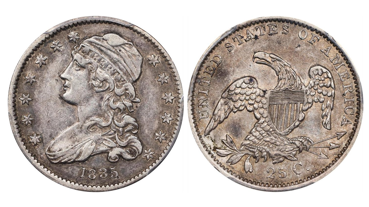 1835 Capped Bust Quarter graded PCGS EF45. Image: Stack's Bowers. This example sold for $408 on April 24, 2024.