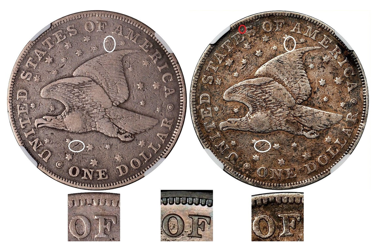 Repaired source example, genuine “OF”, struck counterfeit from a major auction house.