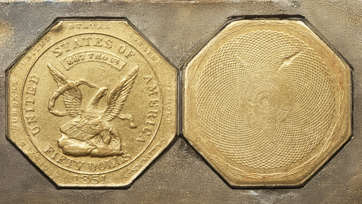 1851 Humbert Fifty Dollar, Reeded Edge, 887 Thous. NGC MS60, K-7. Image: Heritage Auctions / CoinWeek.