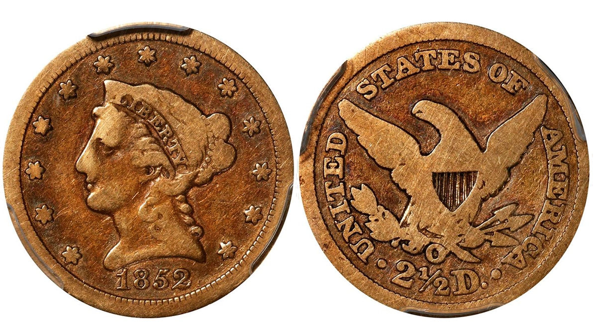 1852-O Liberty Head Quarter Eagle graded PCGS Very Good 10. This example sold April 3, 2024 for $504.