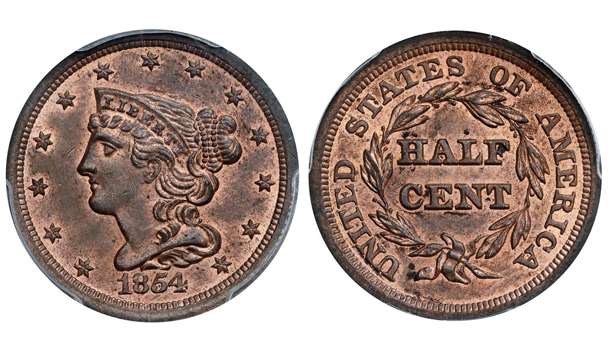 1854 Braided Hair Half Cent graded PCGS MS64. Image: Stack's Bowers. This example sold for $870 on April 24, 2024.