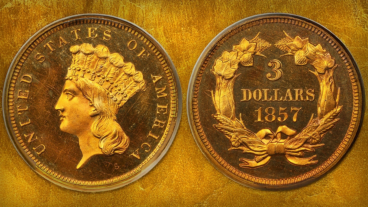 1857 Three Dollar Gold Piece Proof from the Garrett Collection. Image: GreatCollections / CoinWeek.