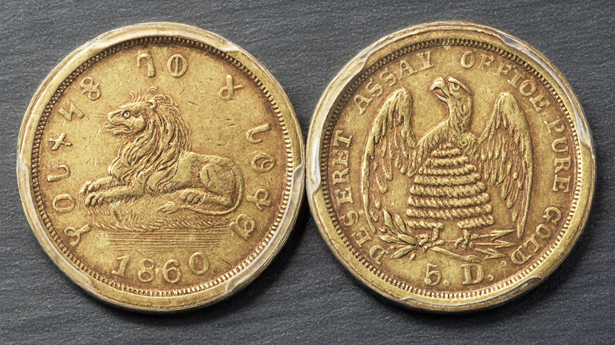 1860 Mormon Five Dollar Gold Coin. Image: Heritage Auctions / CoinWeek.