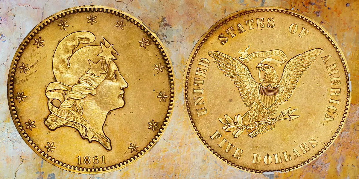 1861 Pattern Half Eagle. Judd-283 Gilt, Pollock-336. Rarity-7-. Copper, Gilt. Reeded Edge. Thick Planchet. Proof-62 (NGC).