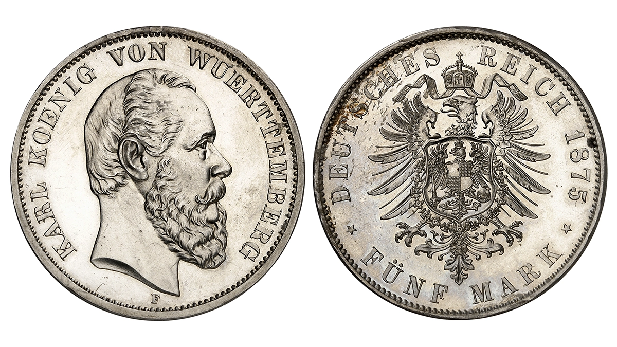 No. 1932 – German Empire. Württemberg. 5 marks, 1875. Extremely rare in this quality! Proof. Estimate: 7,000 euros.
