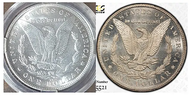1879-CC Dollars - Counterfeit pn the LEFT and a Genuine Dollar on the RIGHT