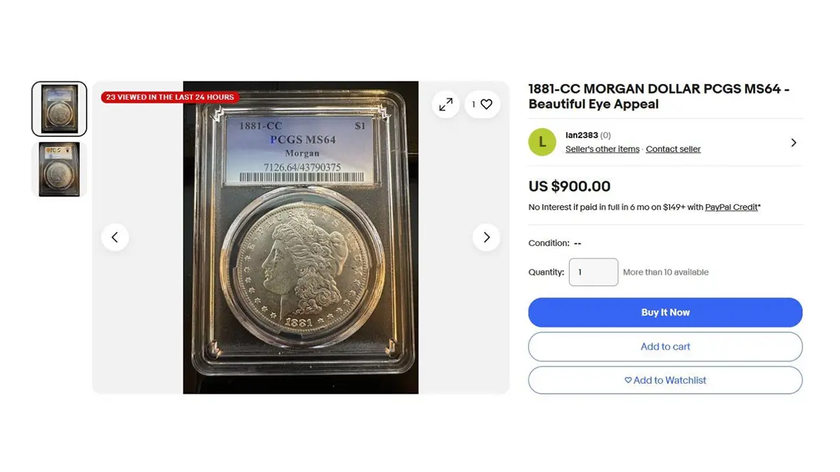 Fake 1881-CC Morgan Dollar in Fake PCGS slab. Screenshot: eBay.