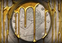 This is an AI-generated image of an 1883 Liberty Head Nickel dipped in gold so as to resemble a racketeer nickel.