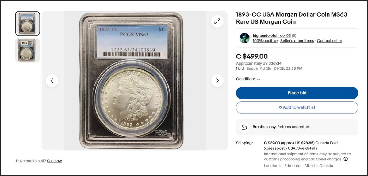 eBay listing for a "PCGS 1893-CC Morgan Dollar. Screenshot: eBay.