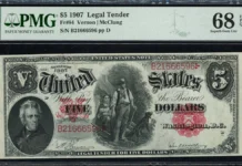 Nearly Perfect $5 Legal Tender Note to Sell at GreatCollections This is an image of a 1907 $5 Legal Tender Note.