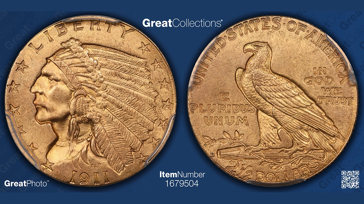 1911-D Indian Head Quarter Eagle, Strong D. Image: GreatCollections.