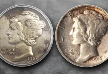 Fake (left) and genuine (right) 1916-D Mercury Dimes. Image: eBay / CoinWeek.