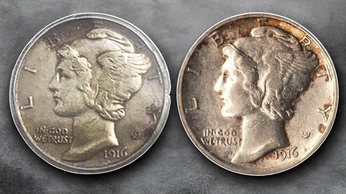 Fake (left) and genuine (right) 1916-D Mercury Dimes. Image: eBay / CoinWeek.