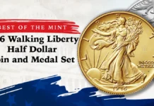 This is an image of the 1916 Walking Liberty Half Dollar Coin and Medal Set.