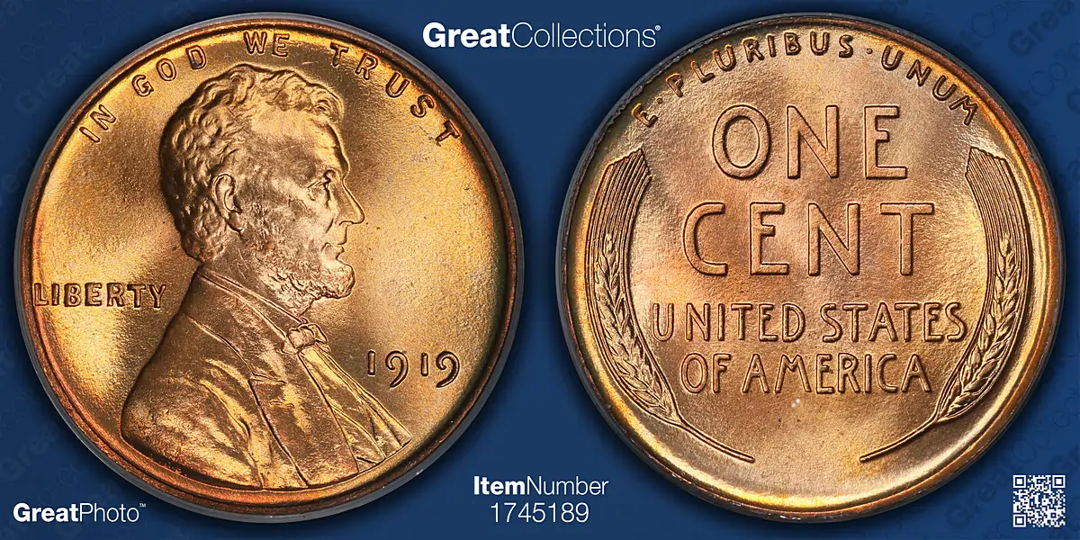 1919 Lincoln Wheat Cent graded PCGS MS-69 RD with a CAC green sticker