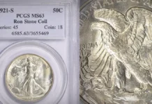 1921-S Walking Liberty Half Dollar. Image: GreatCollections/CoinWeek.