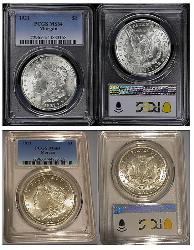 1921 Morgan Dollar = Genuine example for the cert# on top ..... counterfeit below